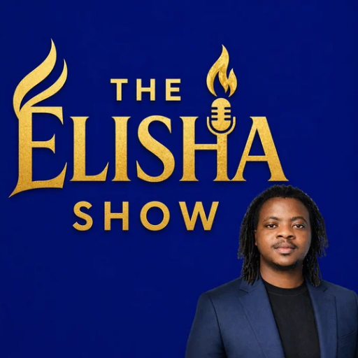 Podcast logo A written word of THE ELISHA SHOW blue background with a picture of Amb. Elisha