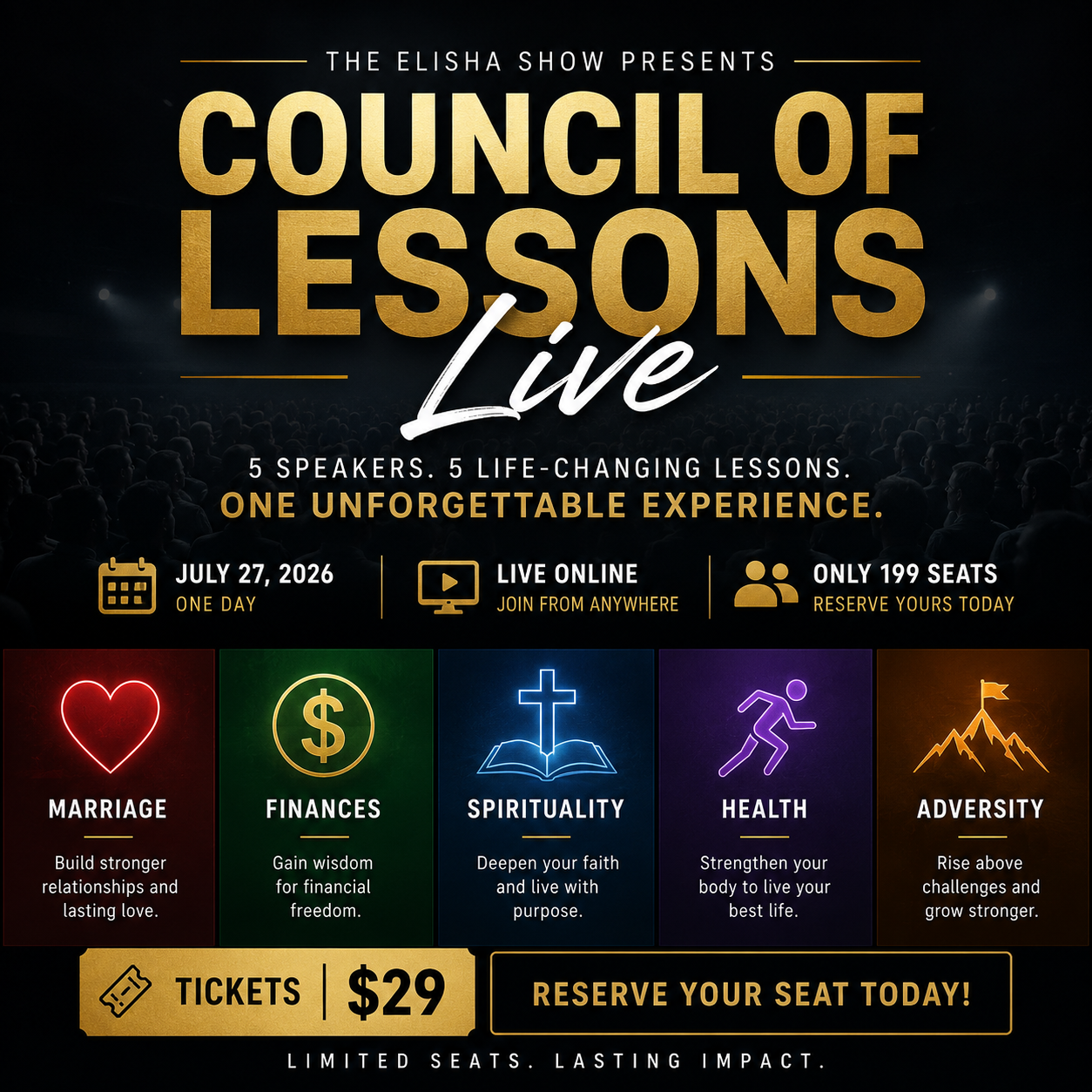 Council of Lessons Live virtual event featuring five speakers sharing life-changing lessons on marriage, finances, spirituality, health, and adversity.