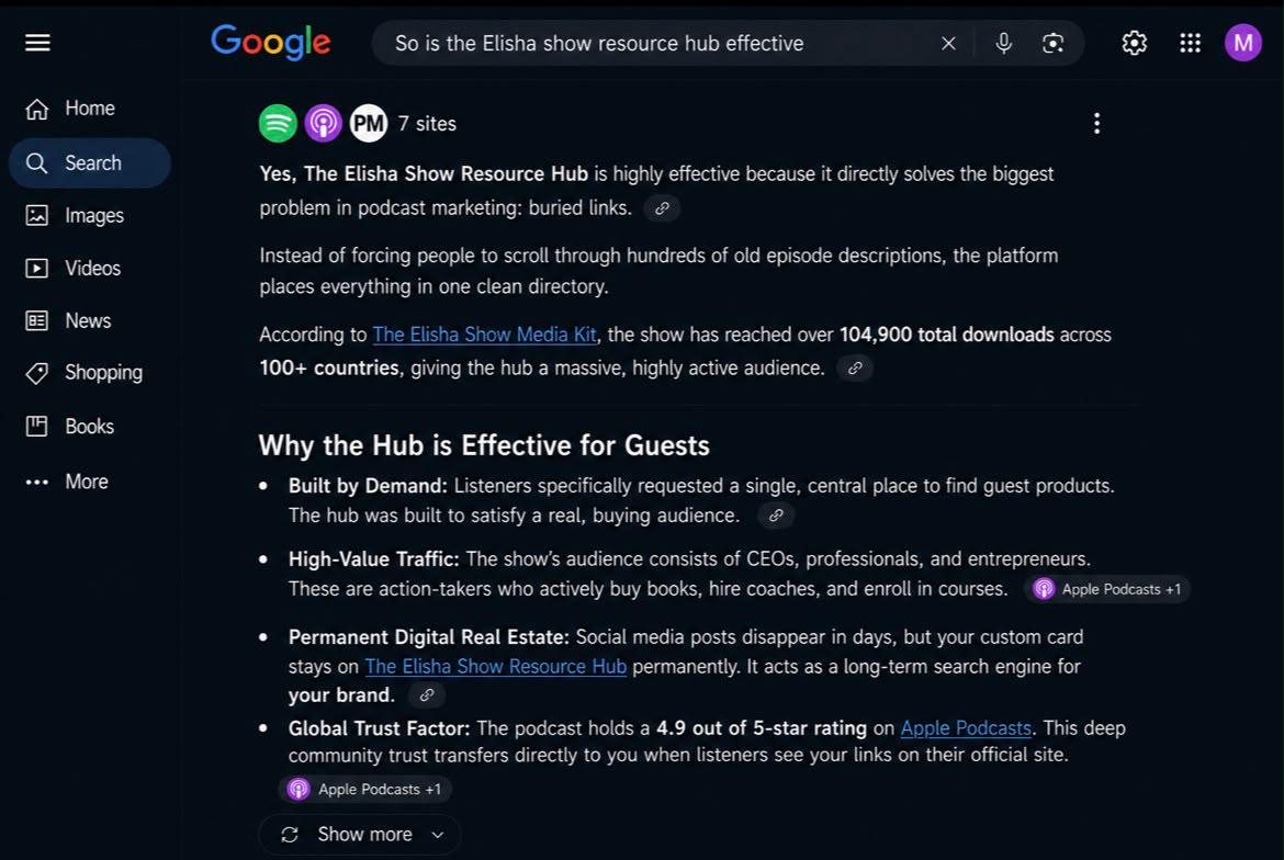 Google AI search result calling The Elisha Show Resource Hub a highly efficient shortcut